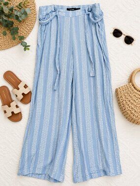 Torrid Size 1 Blue White Print Wide Leg Pants Boho Tie Waist Plus 100% Rayon